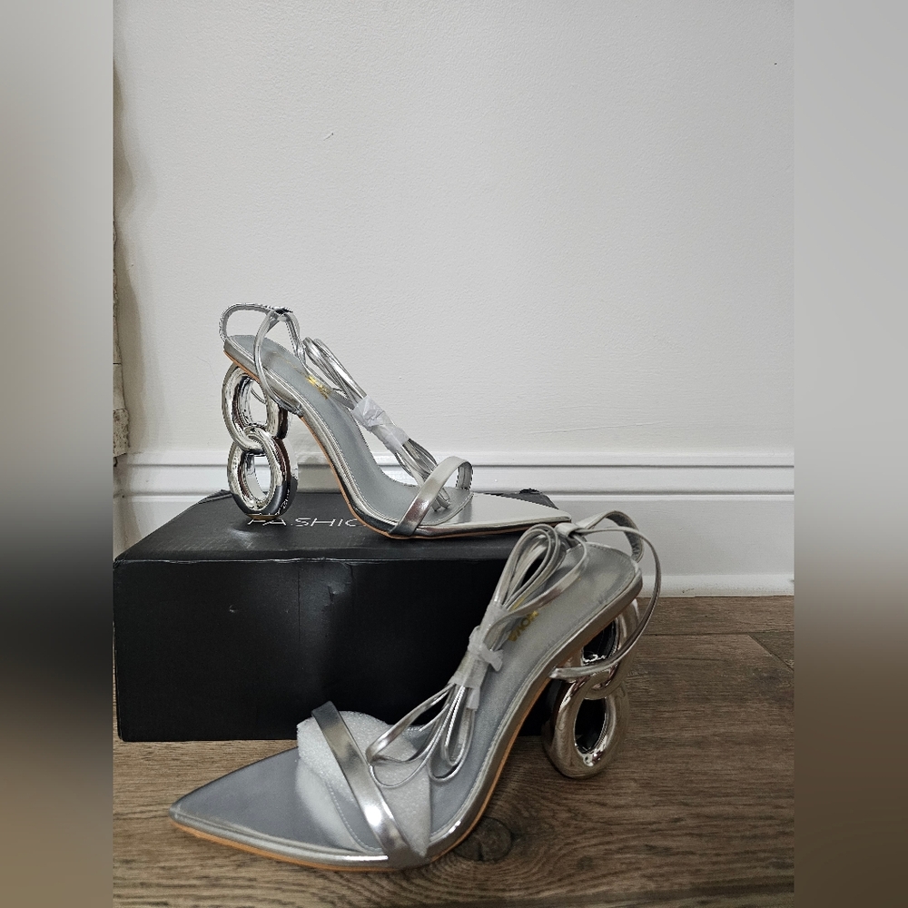 Fashion Nova Silver Sculptural Heel Lace-Up Sandals